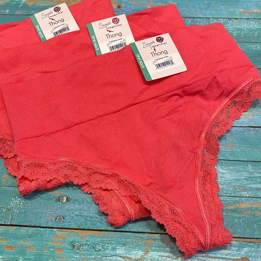 Secret Treasures Red Wideband Thong Panties Set of 3 Lace Trim Small 4-6